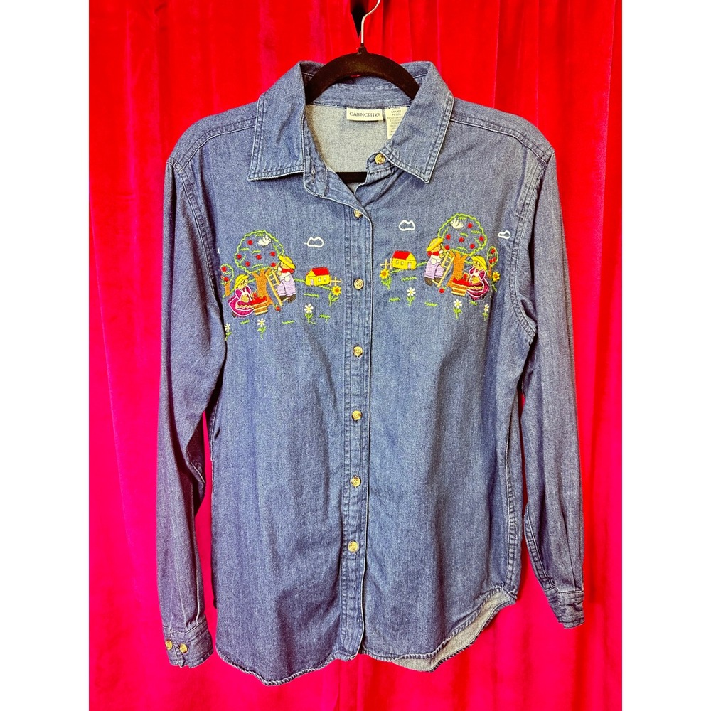 Cabin Creek Denim Button Down Shirt Embroidered Farm Scene Blue Women L Petite